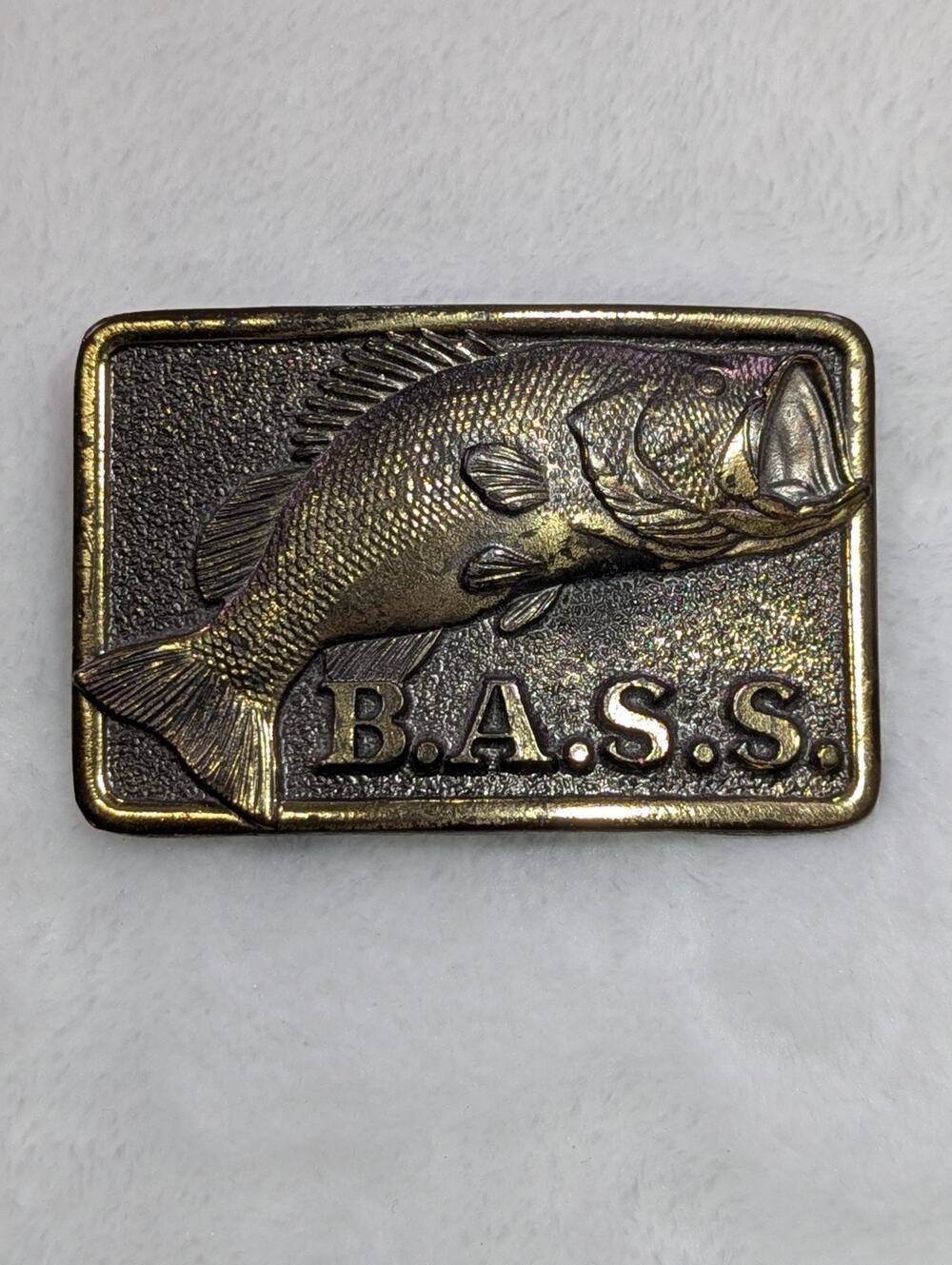 Vintage 80s BASS Belt Buckle Bass Anglers Sportsman Society Gold Metal USA Made